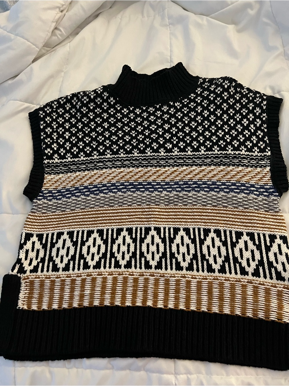 Black, White & Tan Patterned Knit Sweater Vest